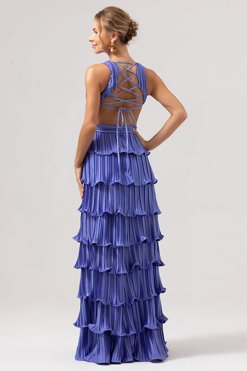Vestido largo de dama de honor largo con abertura y escote en V plisado con cuello en V de color púrpura con abertura